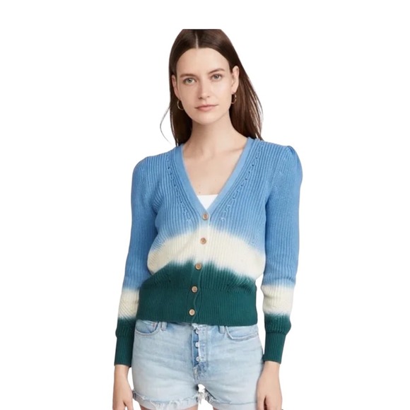 Veronica Beard Cardigan Blue Green Ombre Knit Puff Sleeve Cotton‎ Women L Parula - Picture 1 of 11